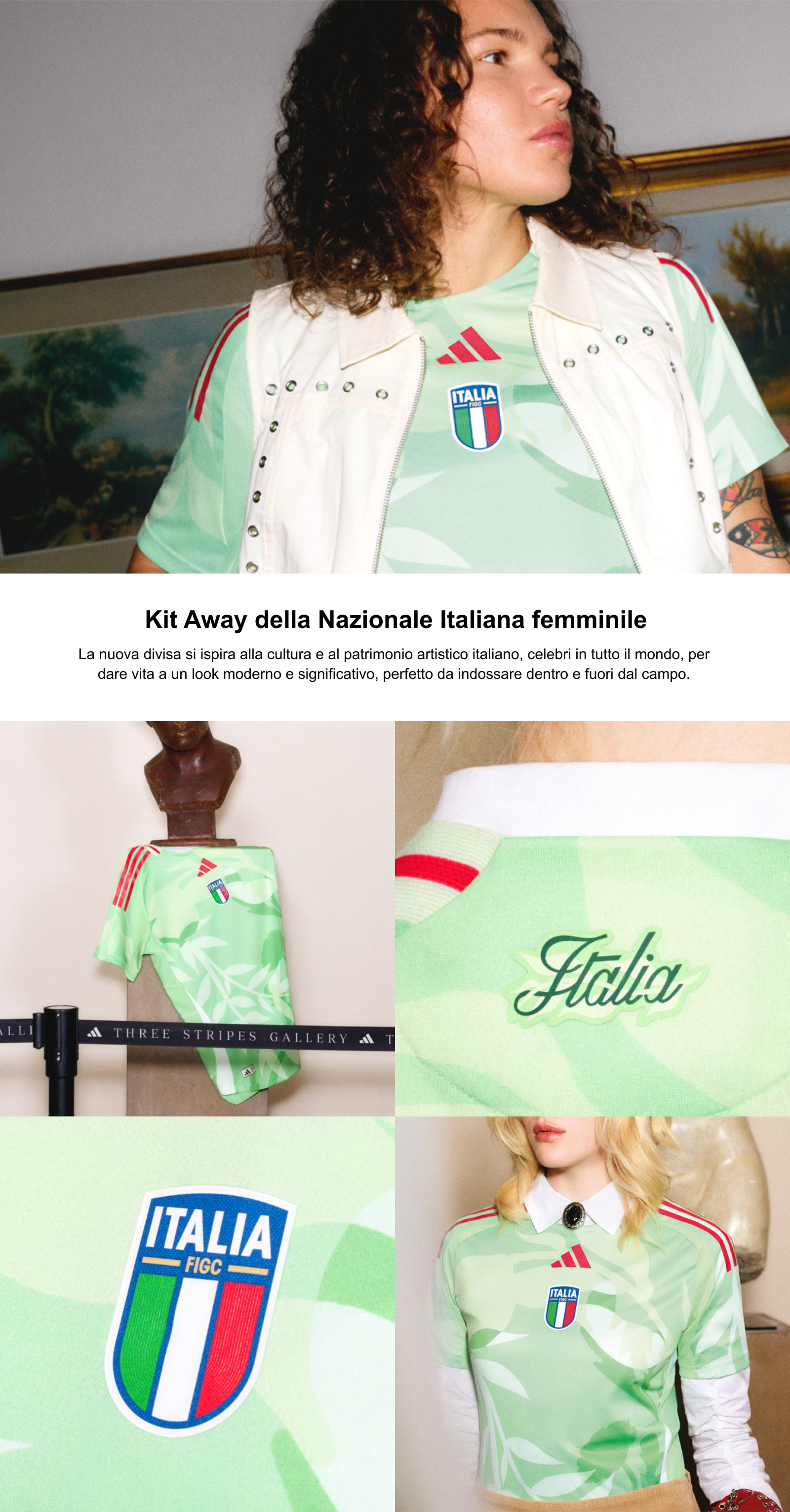 Kit Away della Nazionale Italiana femminile. La nuova divisa si ispira alla cultura e al patrimonio artistico italiano, celebri in tutto il mondo, per dare vita a un look moderno e significativo, perfetto da indossare dentro e fuori dal campo.